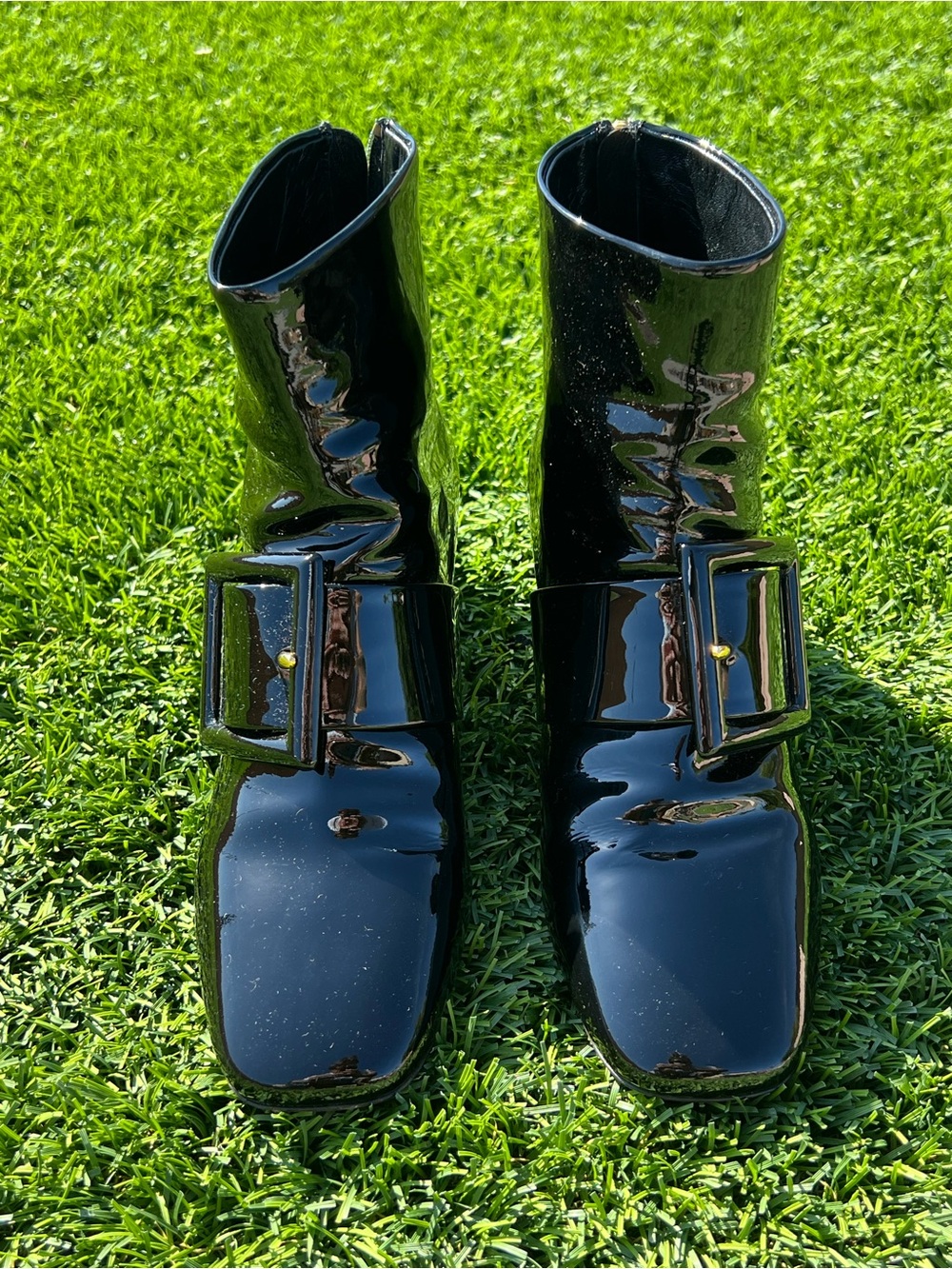 Miu Miu Glossy Black Patent Square-Toe Ankle Boots with Buckle
